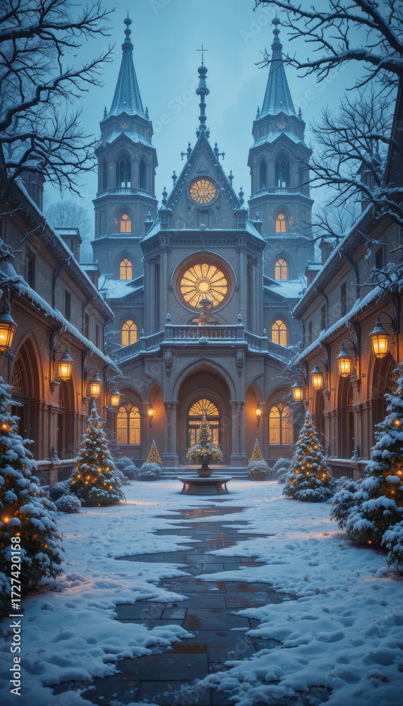 Fototapeta premium Snow covered courtyard with grand Gothic cathedral, adorned with glowing lanterns and decorated Christmas trees, creates serene winter scene