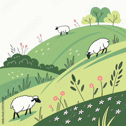 Charming illustration of fluffy sheep grazing peacefully on rolling green hills dotted with wildflowers