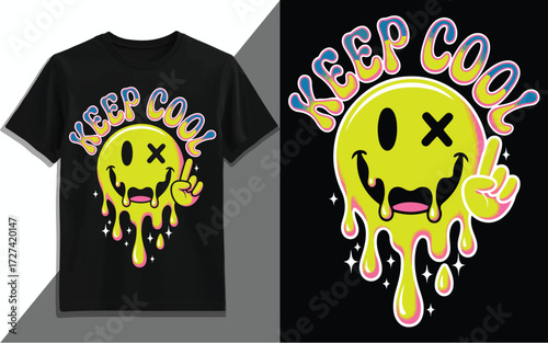 Keep Cool Melting Smiley Face Vector Illustration – Funny Dripping Emoji Cartoon T-Shirt Design with Retro Typography