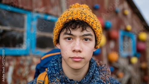 Teenage Adventurer in Rustic Setting: A Portrait of Youthful Exploration and Determination