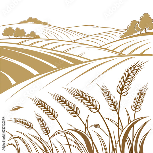 Golden wheat fields rolling hills and trees under a white sky in a stylized illustration