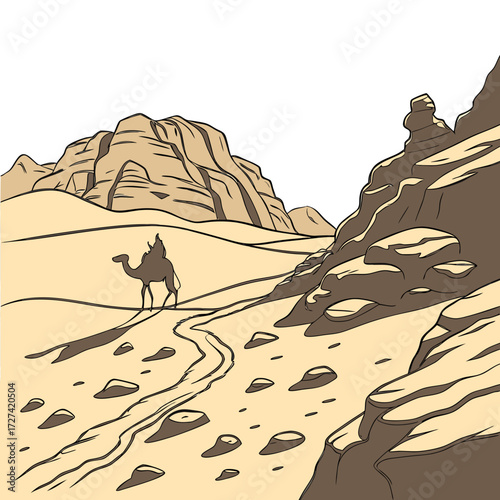 Lone traveler on camel traverses a winding path through a vast desert landscape with rocky formations
