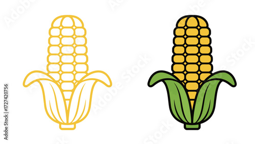 Yellow Corn on the Cob with Green Husk Outline and Solid Flat Vector Icon Illustration Graphic Design for Farming Agriculture Harvest and Healthy Food Minimalist Style Element