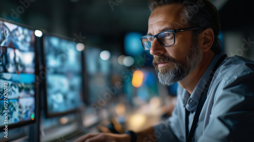 Obraz w ramie A security worker monitors a video surveillance system hyper realistic camera feeds with clear details moody shadows on the screen bright saturation in security visuals video