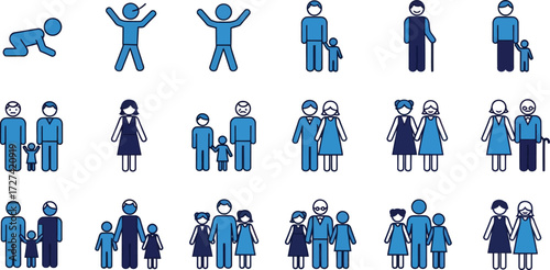 Vector art of collection of diverse family and people icons representing different ages and relationships