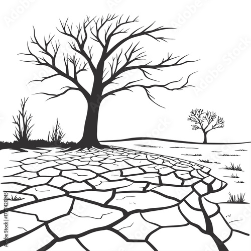 Silhouette of a large bare tree standing on cracked dry earth with sparse grass and another smaller tree in the distance