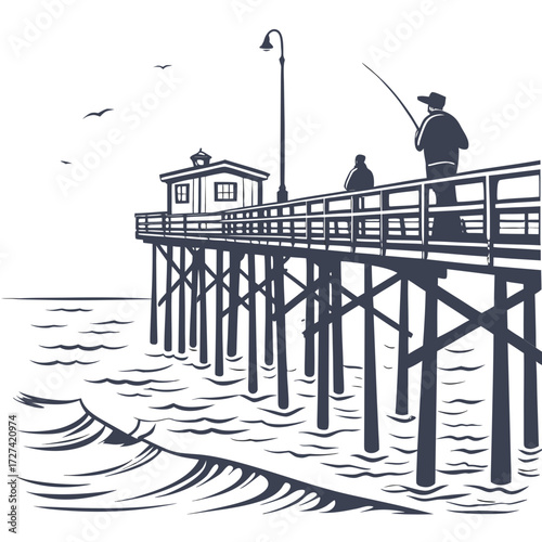 Silhouette of fishermen on a pier with waves and seagulls against a white background