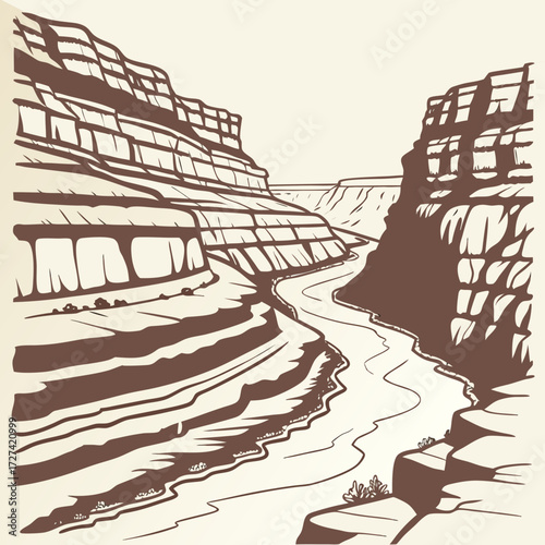 Stylized brown ink sketch of a winding river flowing through a vast layered canyon landscape