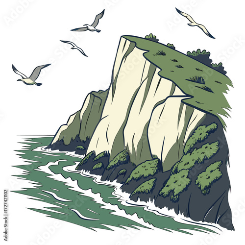 Stylized illustration of a dramatic white cliff face meeting the ocean with seagulls soaring above