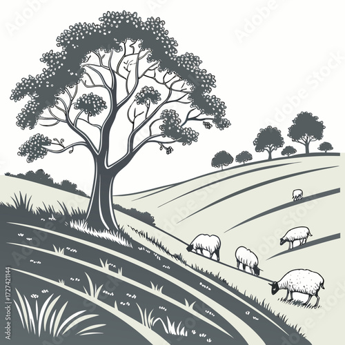 Stylized illustration of a large tree on a grassy hillside with sheep grazing in the distance
