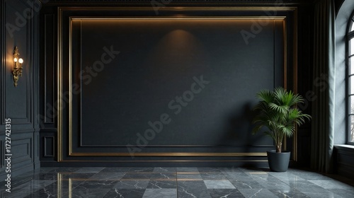 Dark Elegance A Luxurious Interior with Gold Accents and Marble Flooring Featuring a Large, Dark Wall Panel Ideal for Display
