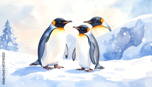 Watercolor illustration of three penguins standing in a snowy arctic landscape