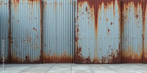 Rustic Corrugated Metal Wall with Weathered Surface and Concrete Floor Ideal for Industrial Backgrounds or Textured Designs