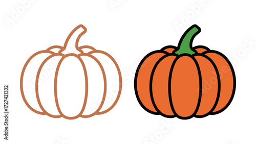 Pumpkin outline and color illustration set. Simple drawing of a classic orange squash for fall harvest, Halloween, and Thanksgiving celebrations.