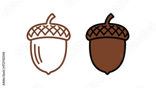 Acorn outline and color illustration set. Simple drawing of an oak nut seed. Stylized symbol of autumn, nature, and strength for seasonal design.