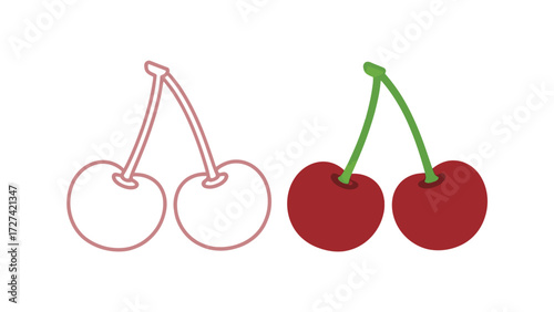 Two red cherries fruit outline and color illustration set. Simple vector drawing of a sweet berry on a green stem for food and dessert concepts.
