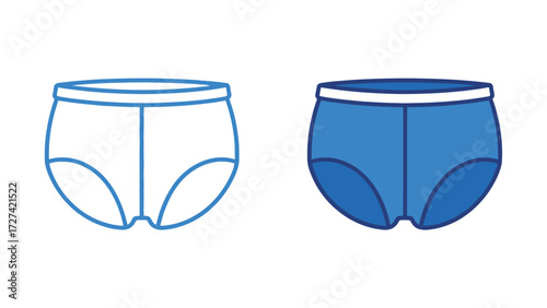 Blue men's underwear briefs outline and color illustration set. Simple vector drawing of a male garment for clothing, fashion, and laundry concepts.