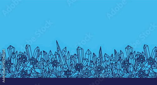 Crystalline mineral cluster background, blue quartz crystal line art illustration, geometric gemstone and flower border EPS vector