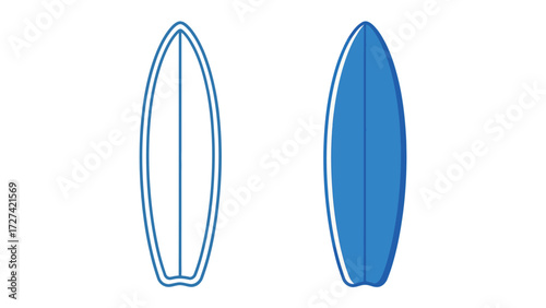 Surfboard icon outline and color illustration set. Simple vector drawing of a longboard for water sports, surfing, beach, and summer recreation.