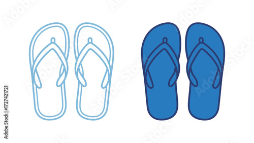 Blue flip-flops sandals outline and color illustration set. Simple vector drawing of casual summer footwear for beach, holiday, and vacation style.