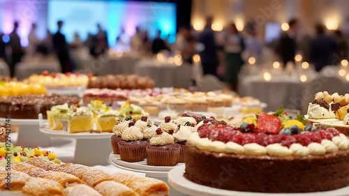 Variety of Cakes and Desserts Displayed at a Banquet or Celebration Event