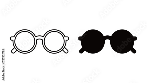 Round sunglasses outline and solid silhouette icon set. Simple vector drawing of stylish eyeglasses for summer fashion, sun protection, and eye care.