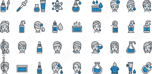 Vector art of set of icons for skincare and cosmetics, including bottles, droppers, creams, and faces showing emotions
