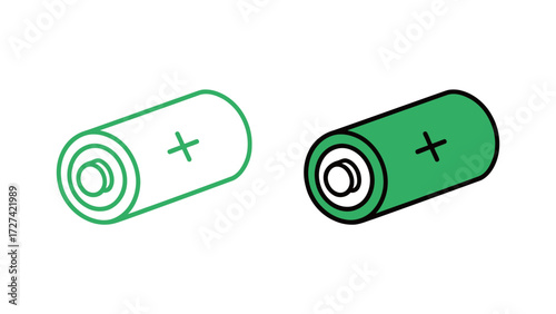 AA or AAA battery cell outline and color illustration set. Simple vector drawing of an electrical power source for energy, technology, and electric devices.