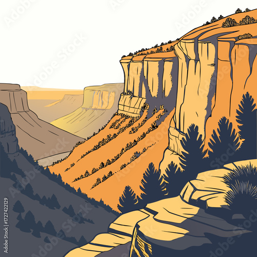 Stylized illustration of a vast canyon landscape with layered rock formations and sparse vegetation under a clear sky