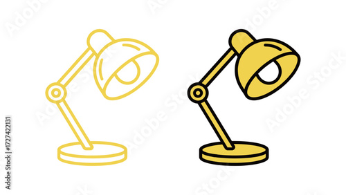 Yellow adjustable desk lamp outline and color illustration set. Simple vector drawing of a light source for work, study, office, and home interior design.