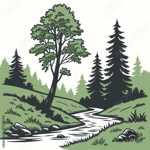 Stylized illustration of a winding stream flowing through a green forest landscape with trees and rocks
