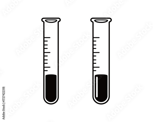 Test tube with dark liquid outline and solid silhouette icon set. Simple vector drawing of laboratory glassware for science, chemistry, and research.