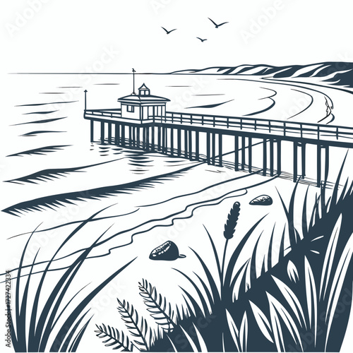 Stylized illustration of a wooden pier extending into the ocean with seagulls flying overhead