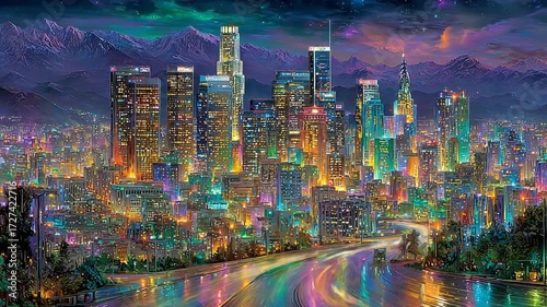 Vibrant Los Angeles Cityscape at Night: A Dynamic Urban Panorama with a Colorful Skyline