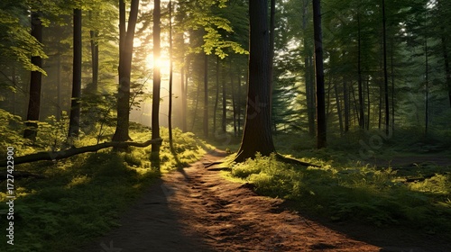 A photo of a tranquil forest path at sunrise
