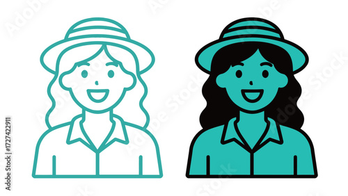 Cheerful Female Tourist or Gardener with Sun Hat Icon Outline and Solid Vector Illustration Profile Minimalist Flat Style Graphic Resource