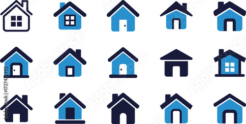 Vector art of collection of blue and black house icons on a, representing real estate, home, and property concepts