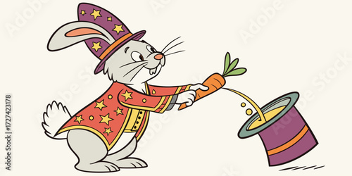 Cartoon rabbit magician pulling a carrot out of a magic hat