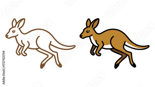 Dynamic Jumping Kangaroo Cartoon Vector Illustration with Outline and Full Color Style for Australian Wildlife Conservation and Travel Advertising