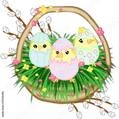 Charming spring still life featuring cute chicks in eggshells inside a natural basket surrounded by greenery, willow twigs, and delicate blossoms