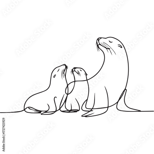 Continuous Simple black line art drawing of a sea lion in a minimalist style on a white background.