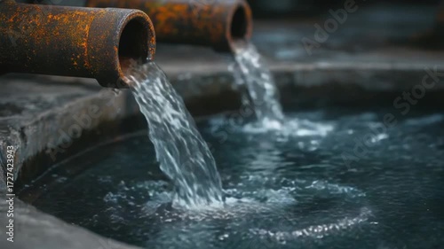 Water Flowing from Rusty Pipes into a Basin: A Study of Industrial Waste and Pollution in Motion