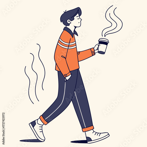 A young man in a stylish orange jacket and blue pants walks with a steaming cup of coffee in his hand
