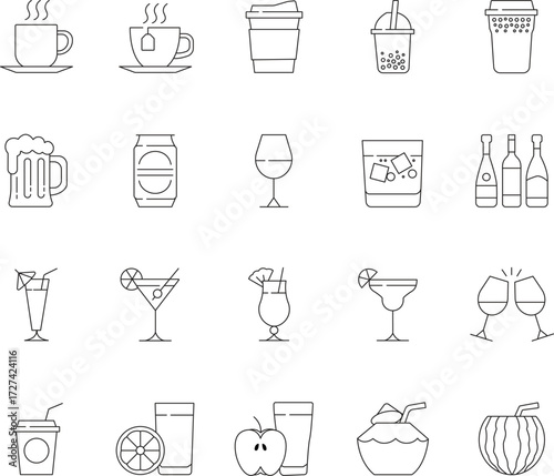 Collection of clean line icons representing various beverages and drinks