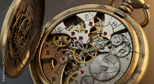Intricate details of an antique pocket watch mechanism showcasing gears and springs in close-up