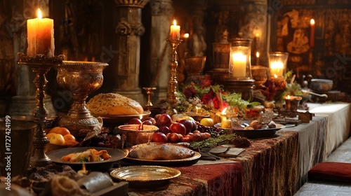 A Christmas feast in a medieval banquet hall
