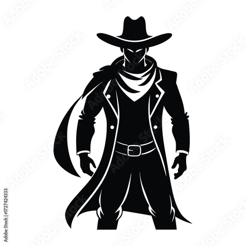 A lone wild west cowboy silhouette stands tall against the horizon, hat tilted, hand near his holster, capturing the rugged spirit and adventure of the frontier.
