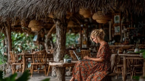 Woman working on laptop at tropical cafe, showcasing digital nomad lifestyle and travel scenery