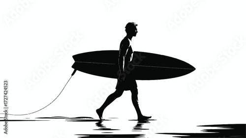 A black and white silhouette illustration of a surfer walking while carrying a surfboard.  
