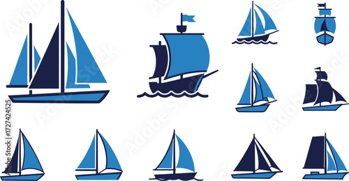 Vector art of collection of various blue sailboats and sailing ships, , representing maritime travel and adventure